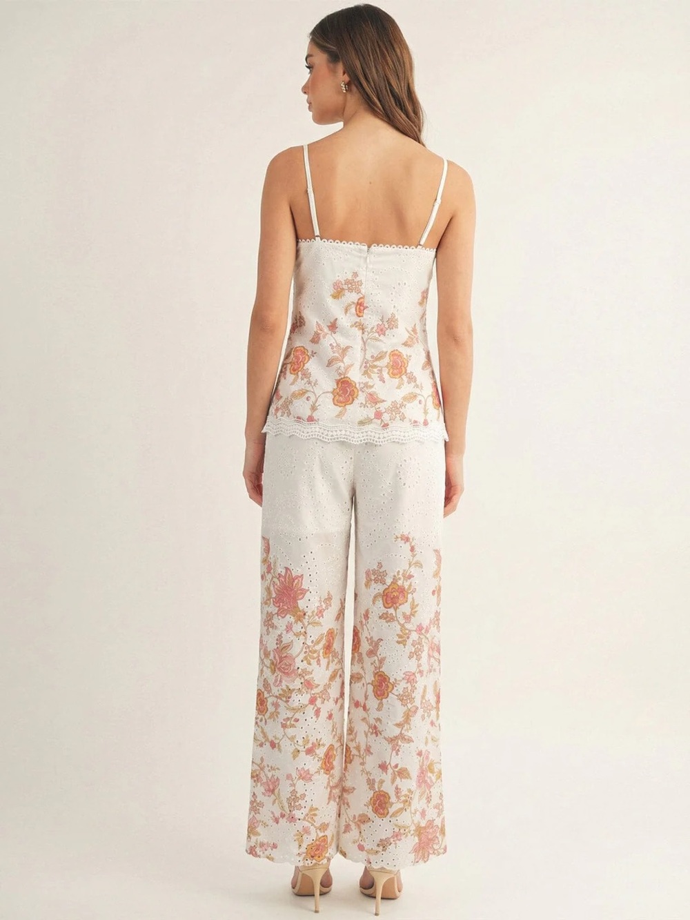 Just Me White Eyelet Floral Two-Piece Tank & Wide Leg Pant Set - Picture 4 of 4